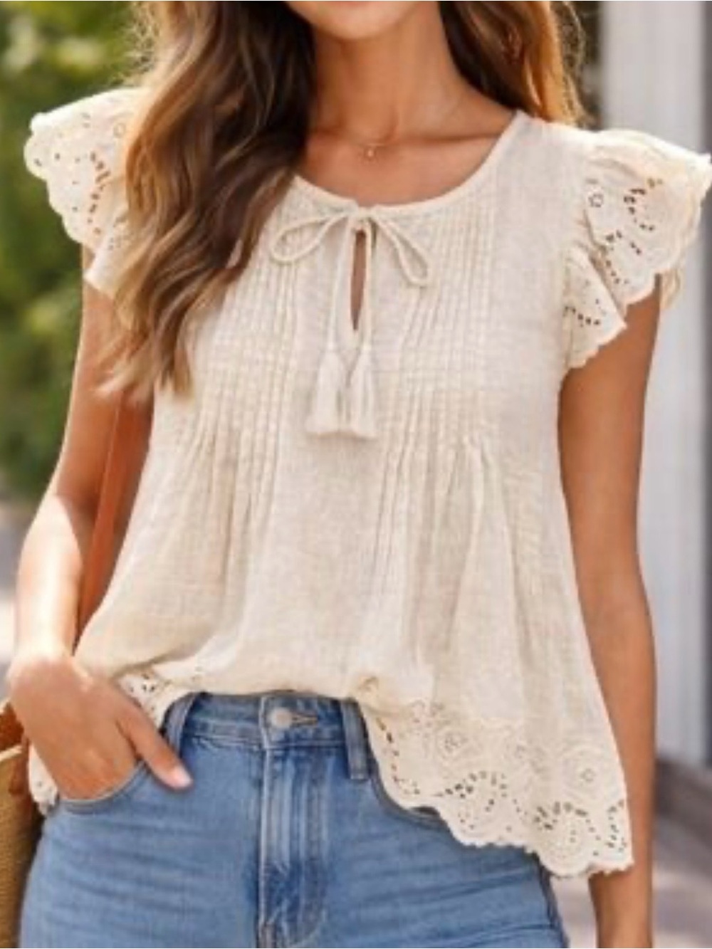 Eyelet Flutter-Sleeve Peasant Blouse in Cream Anthropologie inspired